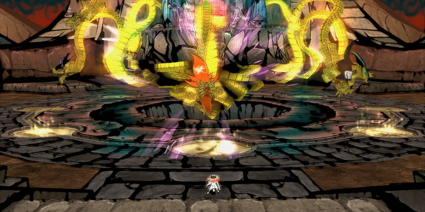 Amaterasu đối đầu với một con boss lớn trong Okami, thể hiện độ hoành tráng của các trận chiến và yếu tố hành động phiêu lưu.