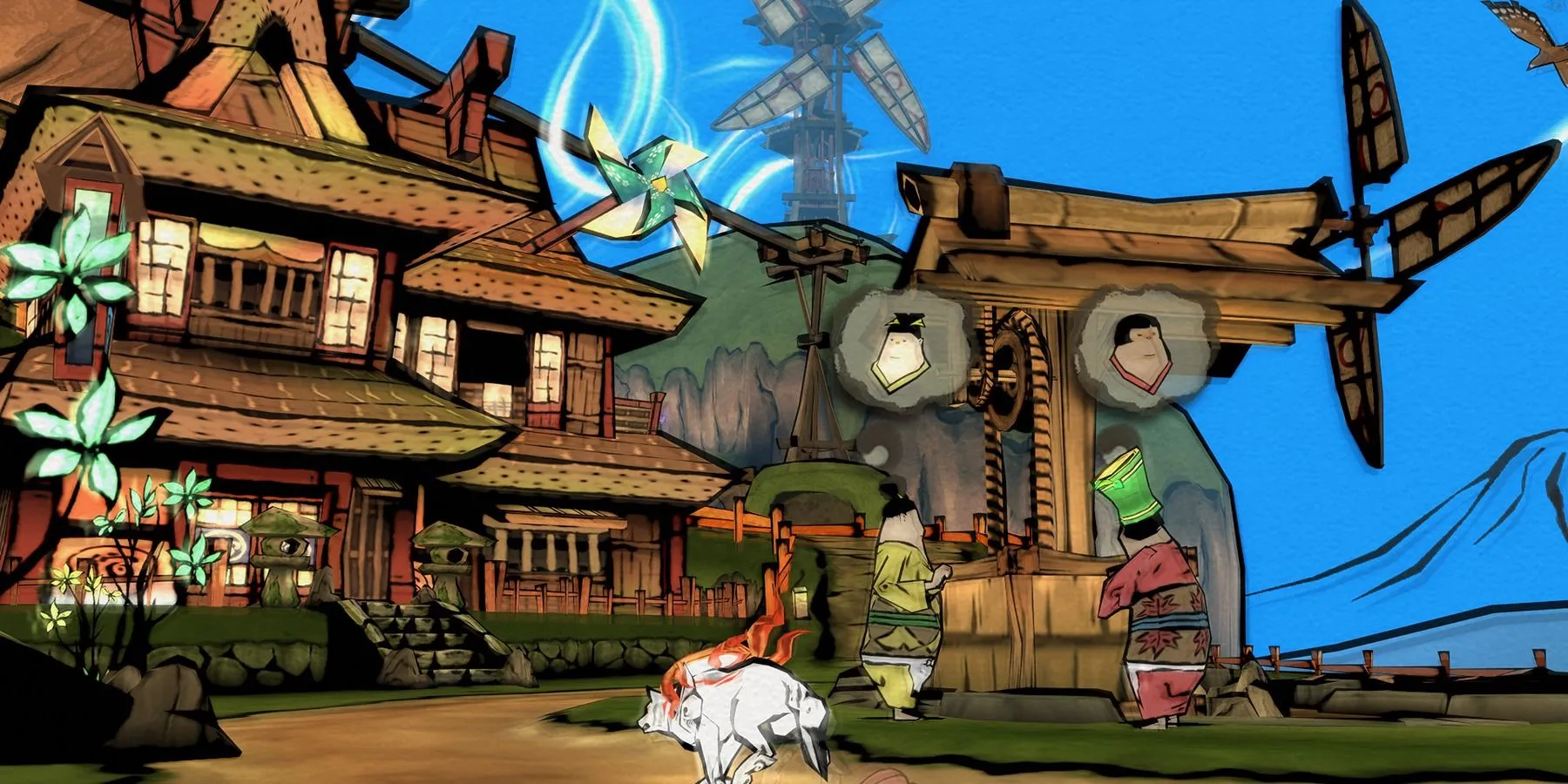 Amaterasu khám phá thế giới rộng lớn, đầy màu sắc với đồ họa cel-shaded đặc trưng trong game Okami, mang đến trải nghiệm phiêu lưu độc đáo.