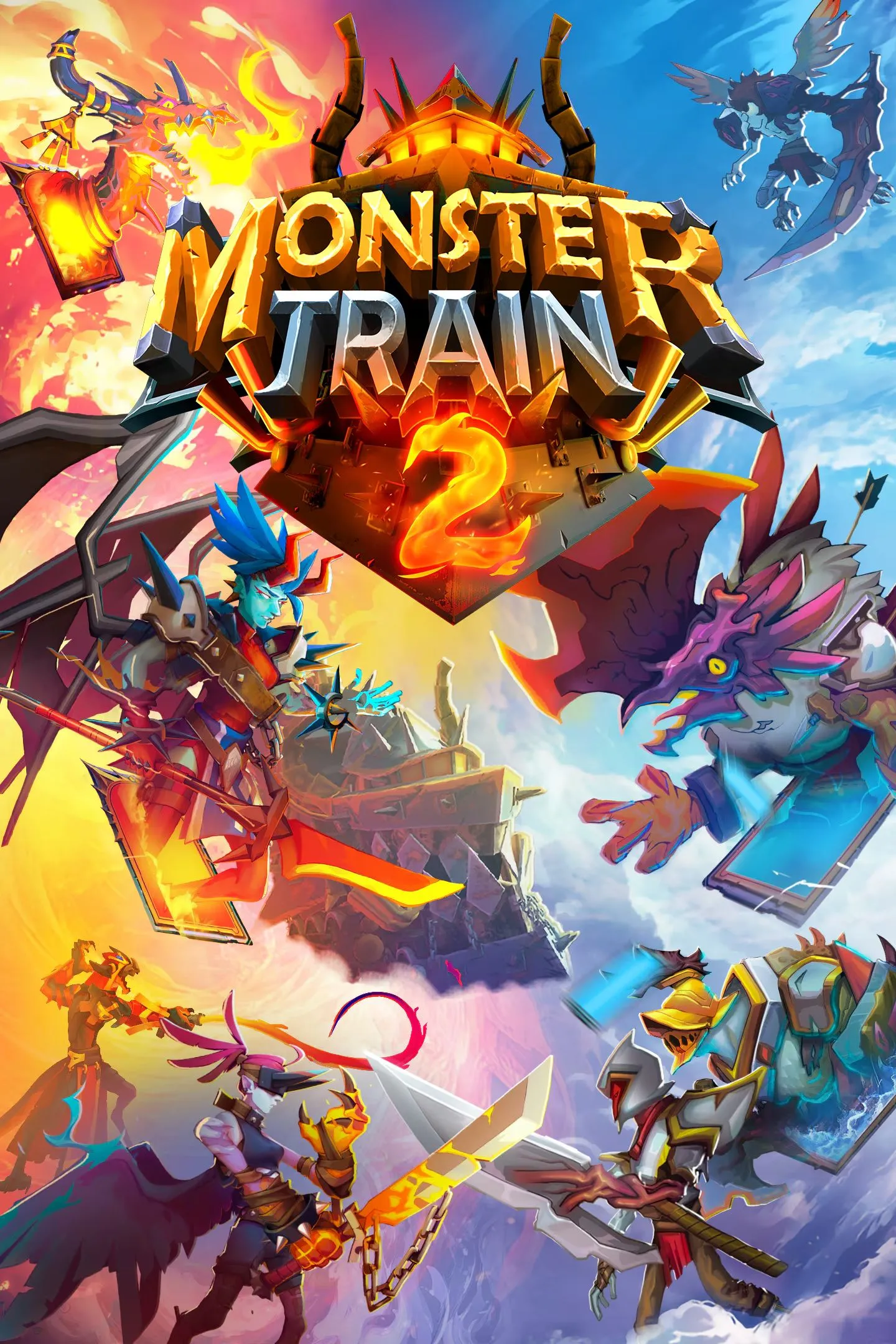 Ảnh bìa chính thức của Monster Train 2, thể hiện các tộc quái vật và con tàu hỏa chiến đấu trong game roguelike thẻ bài