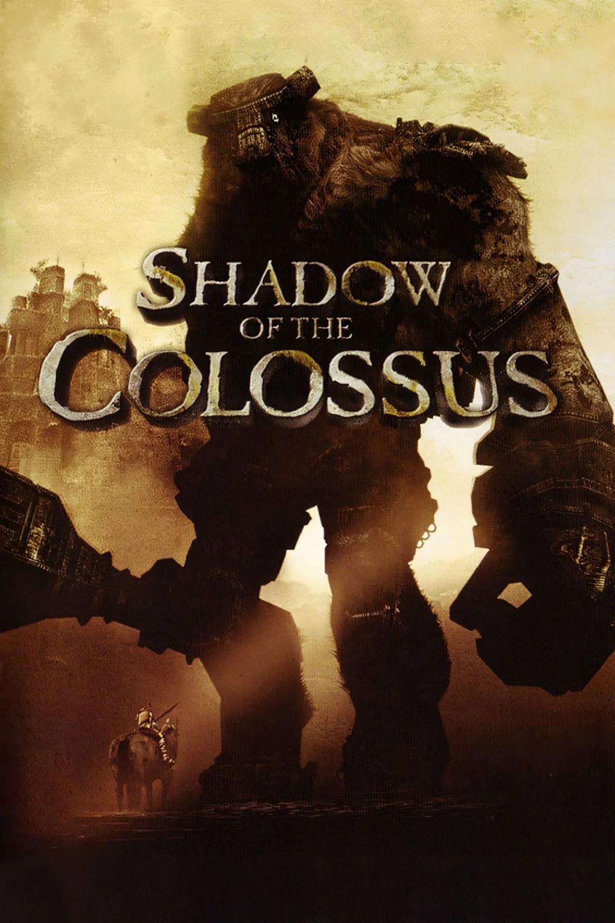 Ảnh bìa của game Shadow of the Colossus, thể hiện nhân vật Wander đối mặt với một Colossus khổng lồ.