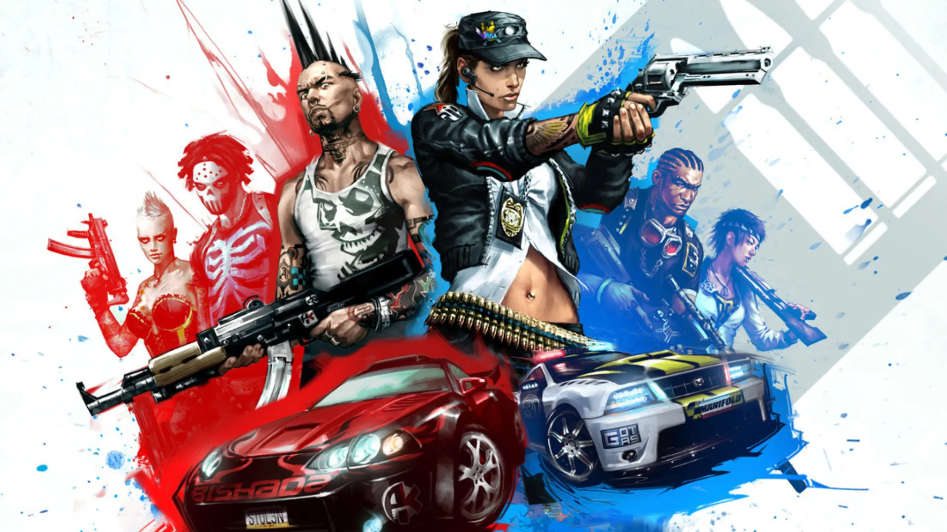 Ảnh bìa game APB: All Points Bulletin, thể hiện cuộc chiến giữa cảnh sát và tội phạm trong game MMO