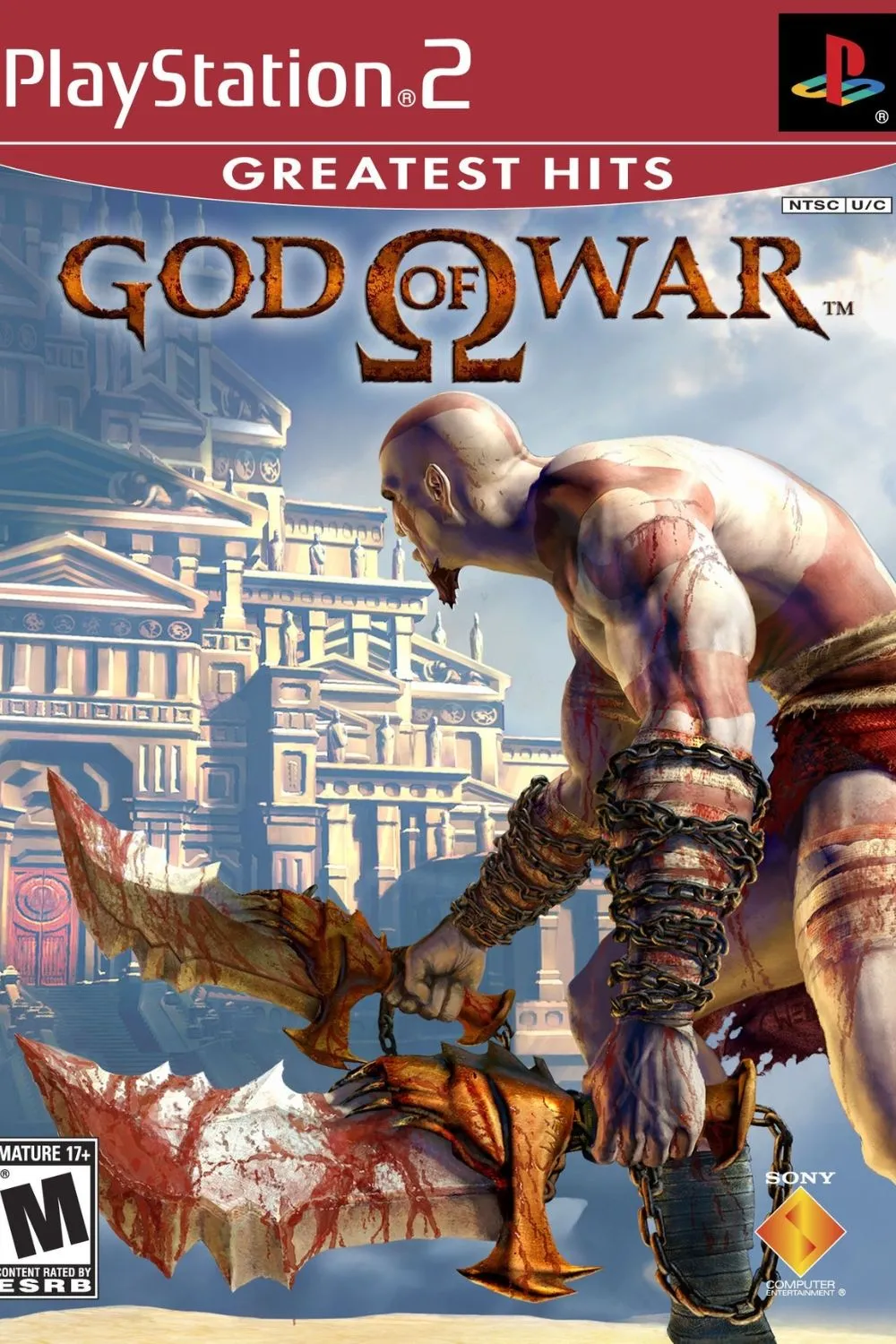 Ảnh bìa game God of War (2005), với chiến thần Kratos đang giơ Blades of Chaos.