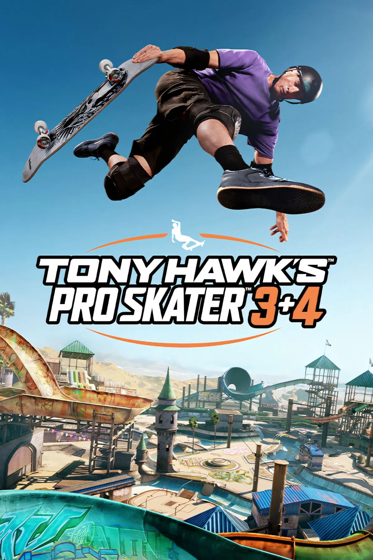 Ảnh bìa game Tony Hawk's Pro Skater 3+4 với Tony Hawk biểu diễn động tác trượt ván ấn tượng