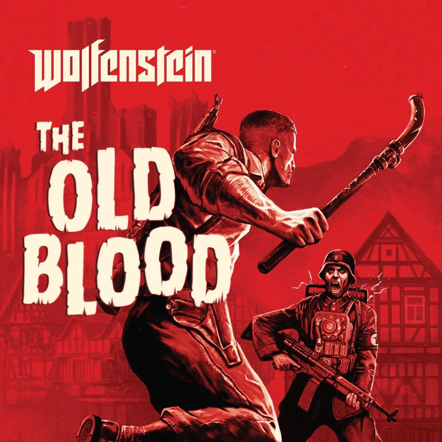 Ảnh bìa game Wolfenstein: The Old Blood với BJ Blazkowicz đối mặt với zombie Nazi