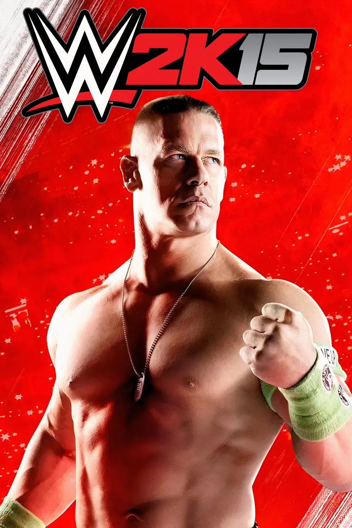 Ảnh bìa game WWE 2K15, với hình ảnh John Cena và Roman Reigns đấu vật trong sàn đấu.