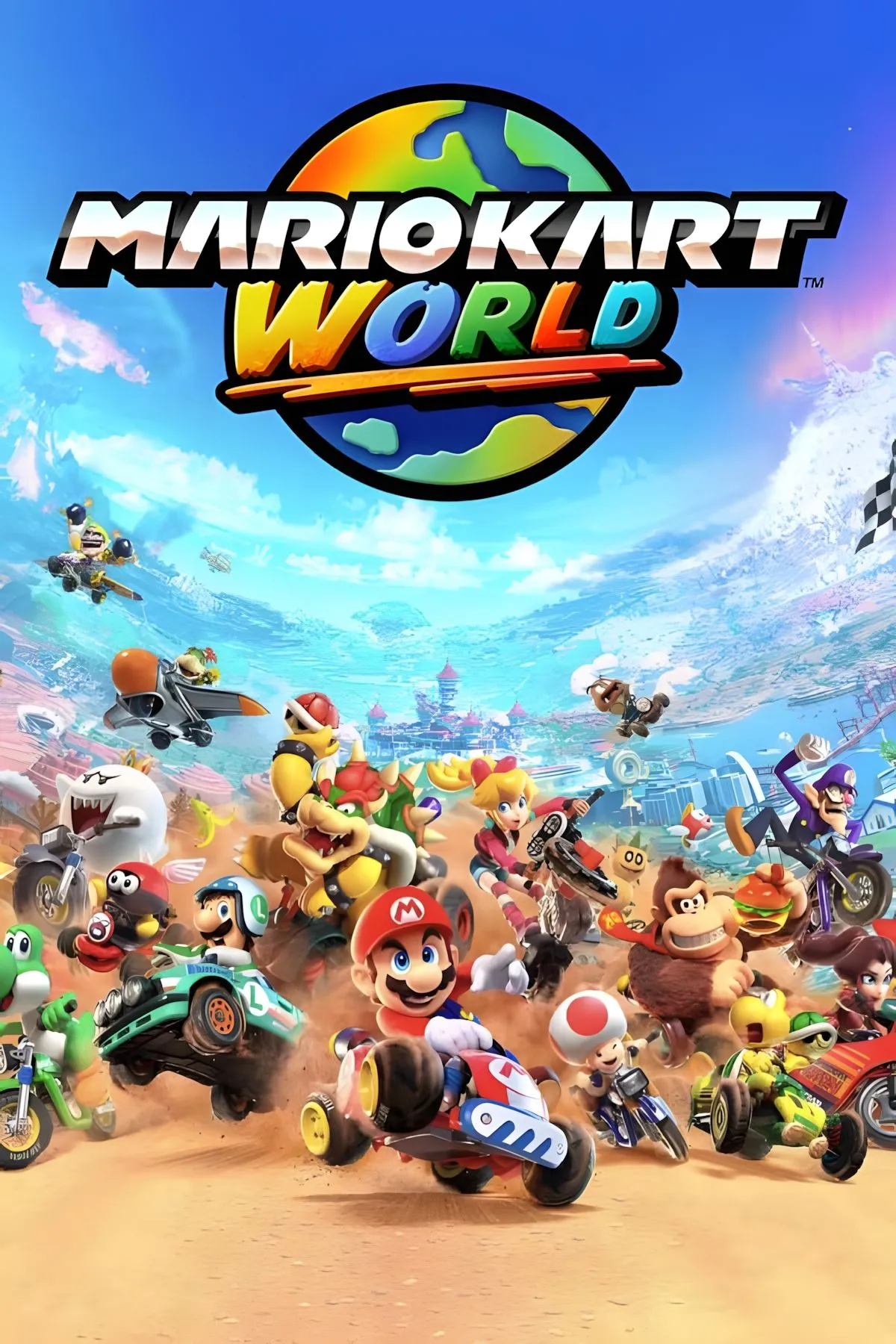 Ảnh bìa Mario Kart World, thể hiện các nhân vật Nintendo và đường đua sôi động.