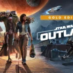 Ảnh bìa Star Wars Outlaws Gold Edition với nhân vật Kay Vess và Nix, tượng trưng cho phiên bản đặc biệt của game.