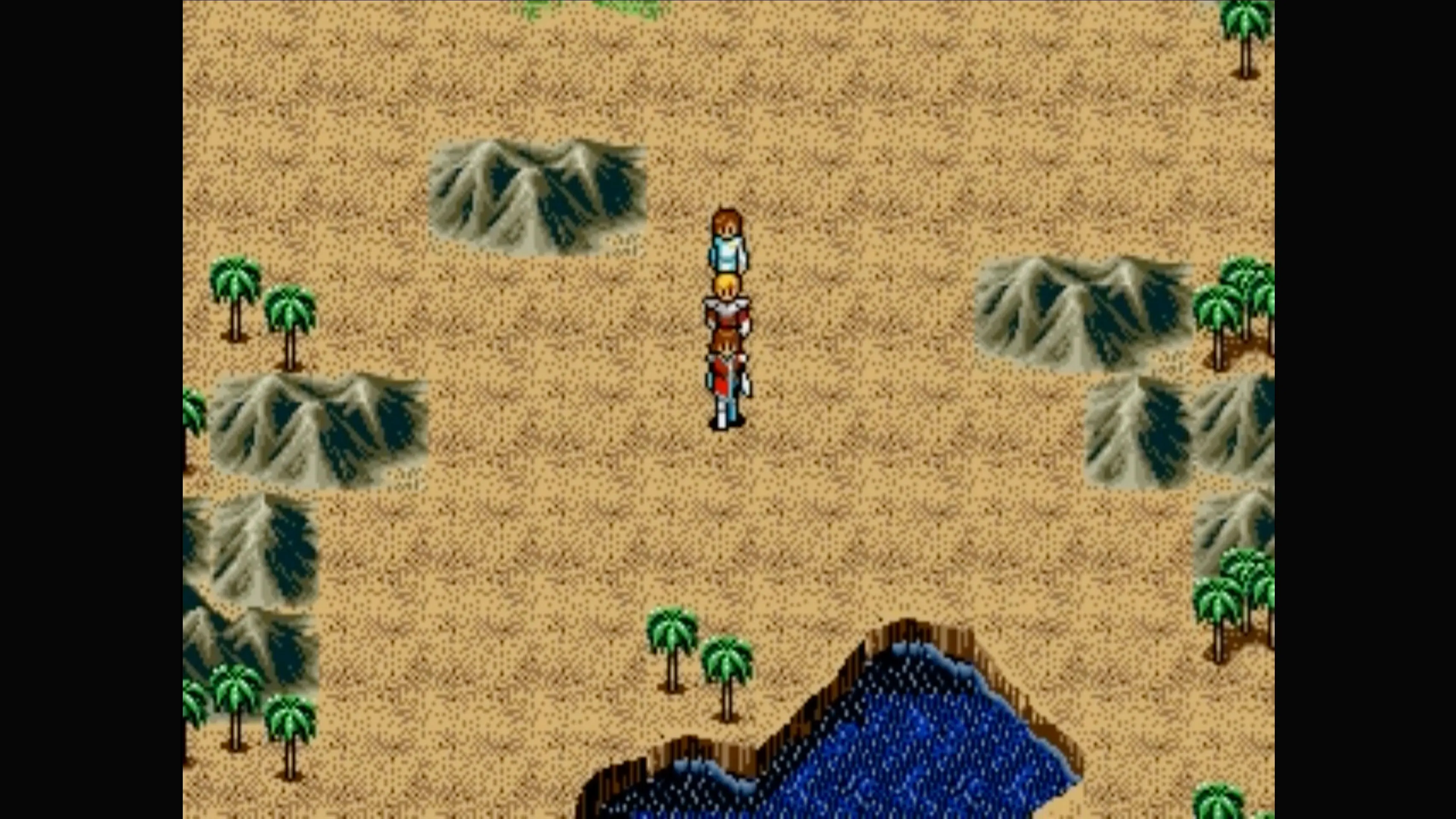 Ảnh chụp màn hình cảnh phiêu lưu trên bản đồ thế giới của Phantasy Star IV, với nhân vật chính đang di chuyển.