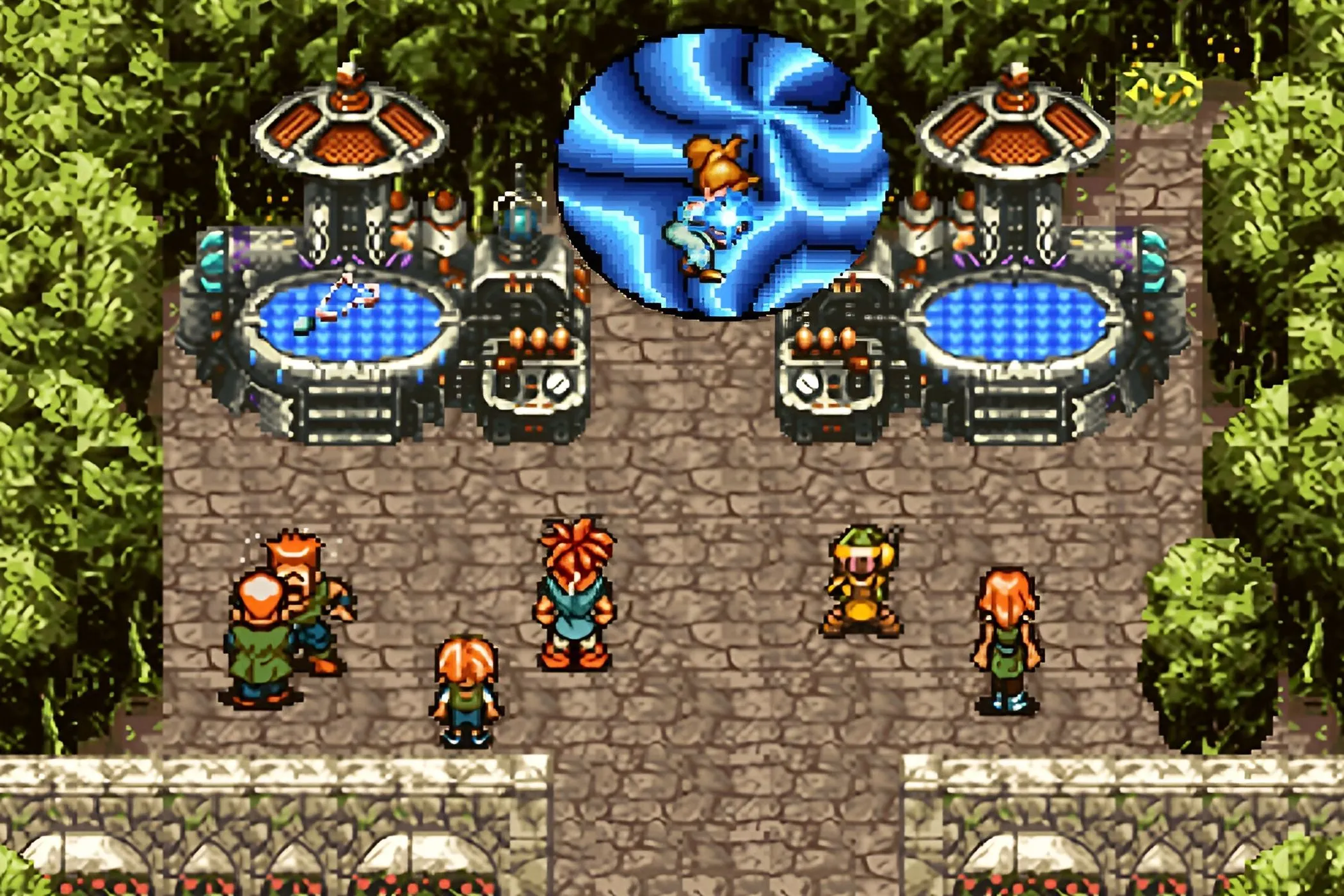 Ảnh chụp màn hình game Chrono Trigger cổ điển, nhân vật đứng gần cổng dịch chuyển thời gian màu xanh