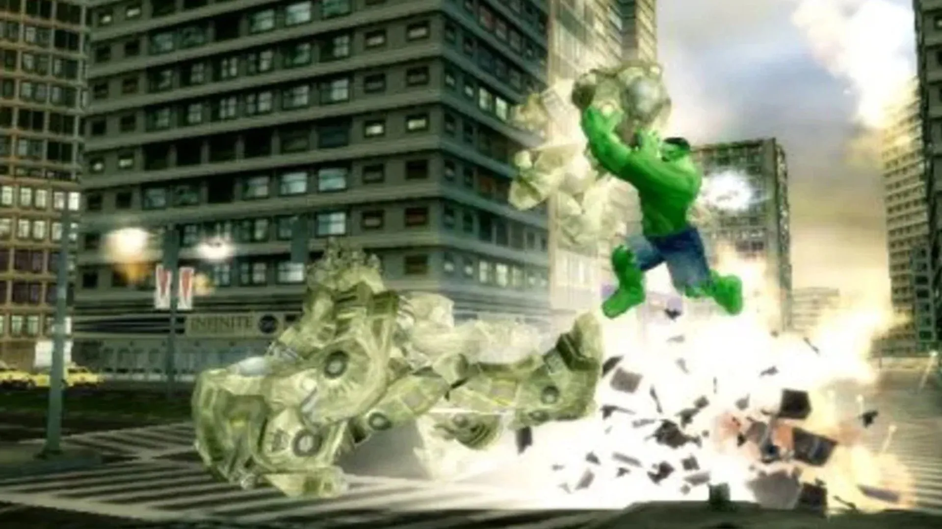 Ảnh chụp màn hình game The Incredible Hulk Ultimate Destruction trên PS2, mô tả Hulk đang phá hủy môi trường trong một thành phố.