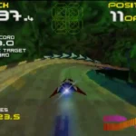 Ảnh chụp màn hình gameplay của Wipeout 64 trên Nintendo 64, thể hiện tốc độ và đồ họa tương lai của tựa game đua xe chống trọng lực