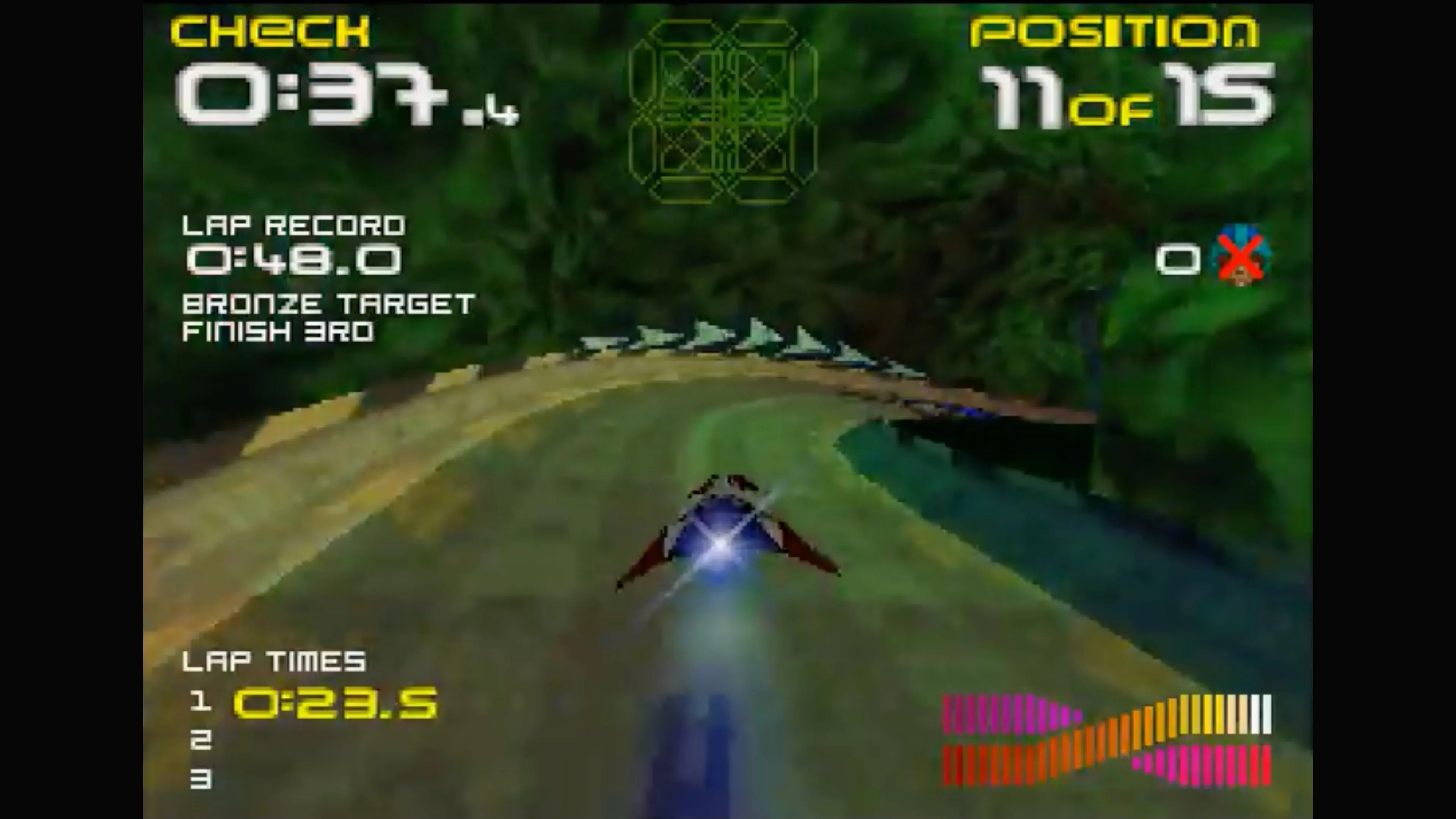 Ảnh chụp màn hình gameplay của Wipeout 64 trên Nintendo 64, thể hiện tốc độ và đồ họa tương lai của tựa game đua xe chống trọng lực