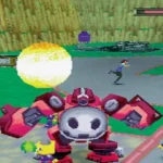 Ảnh chụp màn hình gameplay từ The Misadventures of Tron Bonne, nhân vật Tron Bonne và các robot server bot đang thực hiện nhiệm vụ trong bối cảnh game phiêu lưu hành động.
