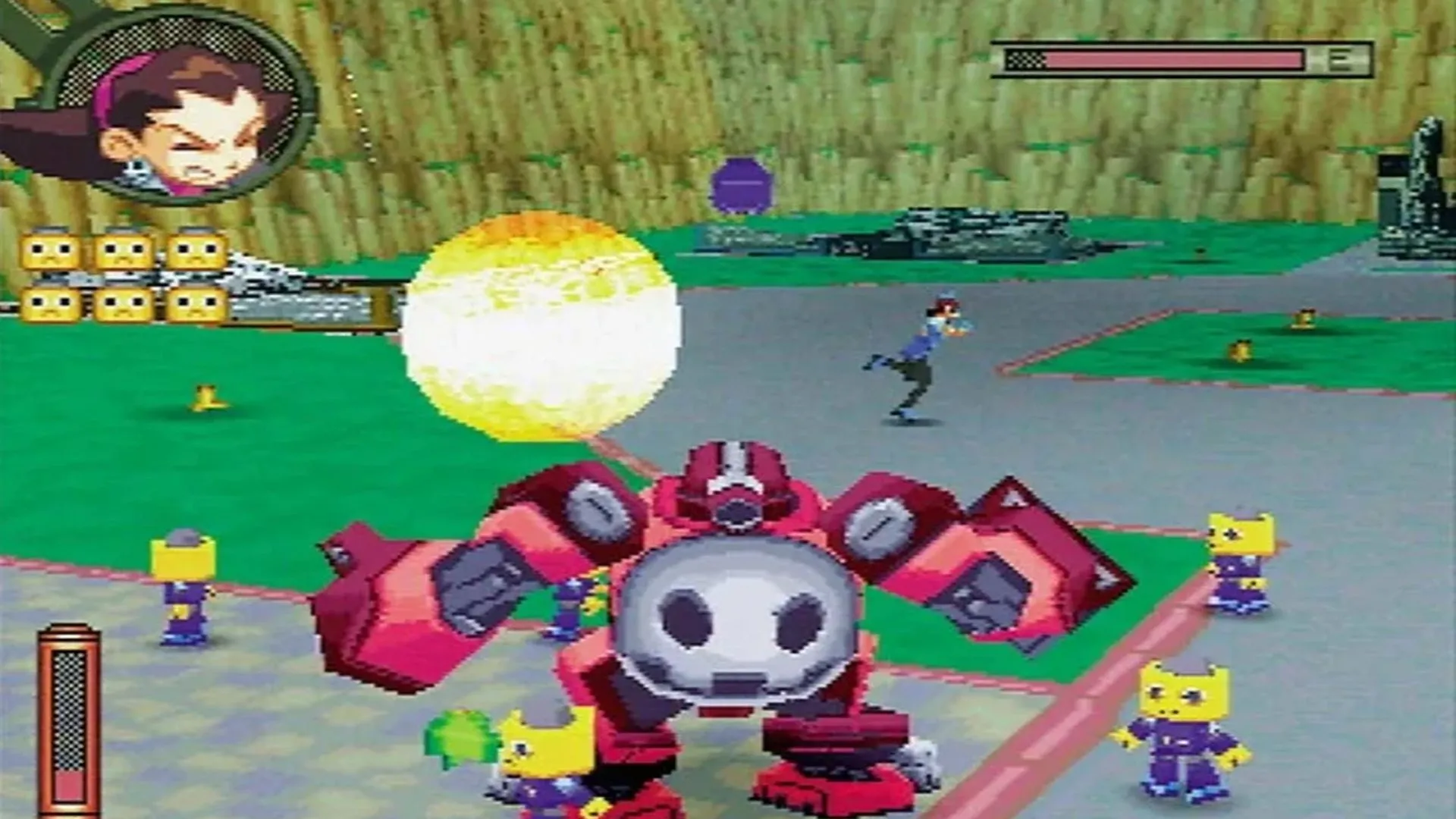 Ảnh chụp màn hình gameplay từ The Misadventures of Tron Bonne, nhân vật Tron Bonne và các robot server bot đang thực hiện nhiệm vụ trong bối cảnh game phiêu lưu hành động.