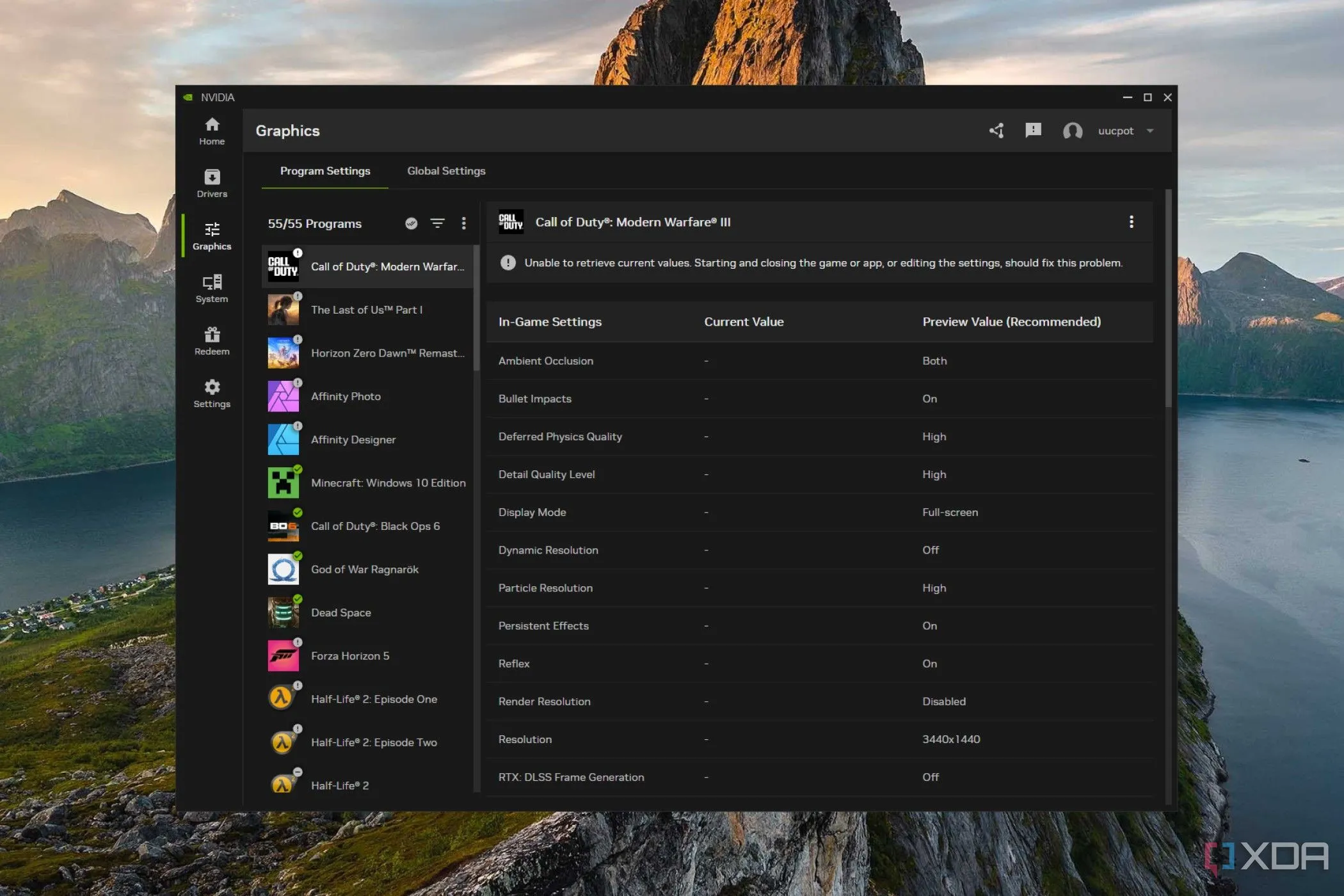 Ảnh chụp màn hình giao diện cài đặt chương trình trong ứng dụng Nvidia App, hiển thị tùy chọn cấu hình đồ họa và DLSS.