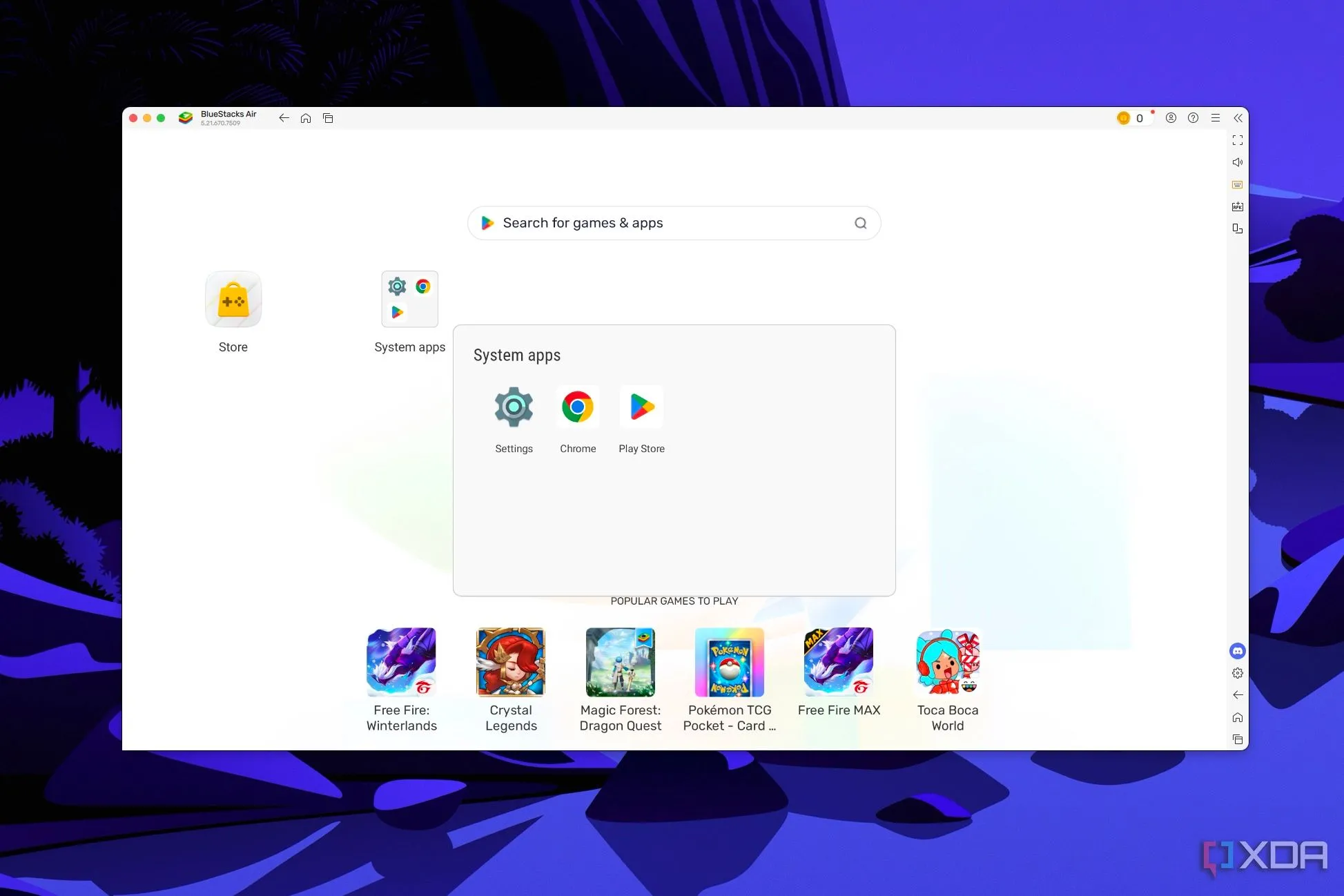 Ảnh chụp màn hình màn hình chính trong Bluestacks hiển thị Google Play Store