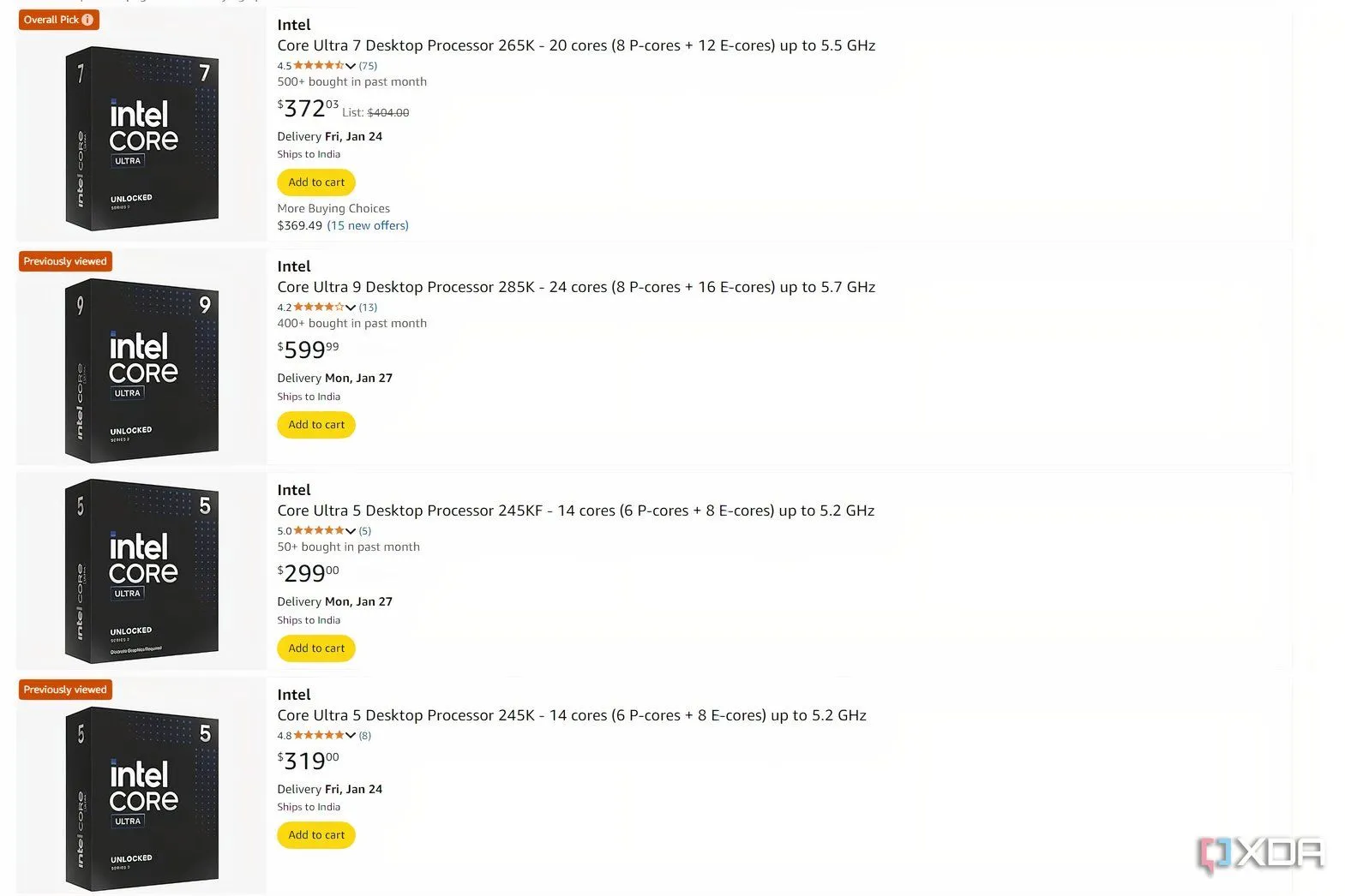 Ảnh chụp màn hình thể hiện mức giá bán lẻ của các CPU Intel Core Ultra trên Amazon, cho thấy sự chênh lệch giá so với các đối thủ AMD.