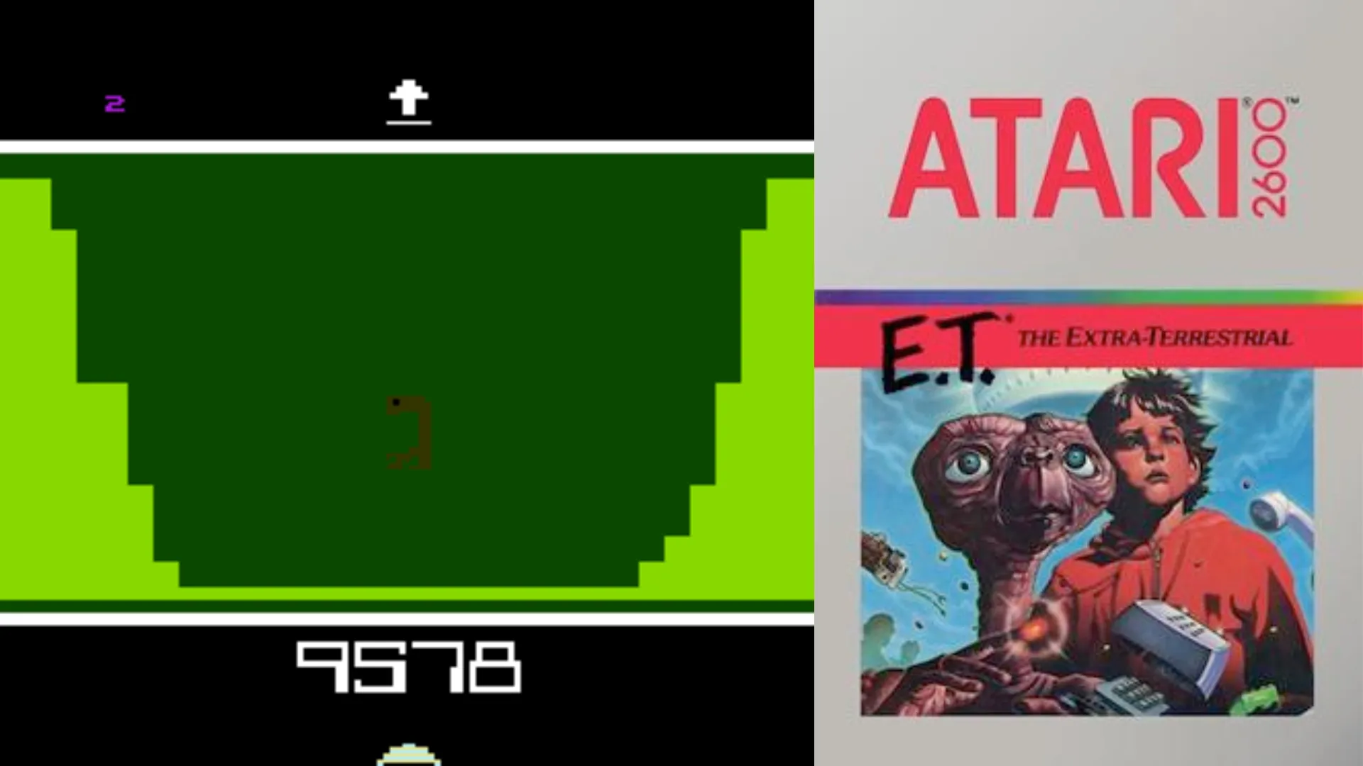 Ảnh chụp màn hình và ảnh bìa game E.T. The Extra-Terrestrial trên Atari 2600, game gắn liền với sự sụp đổ ngành game 1983