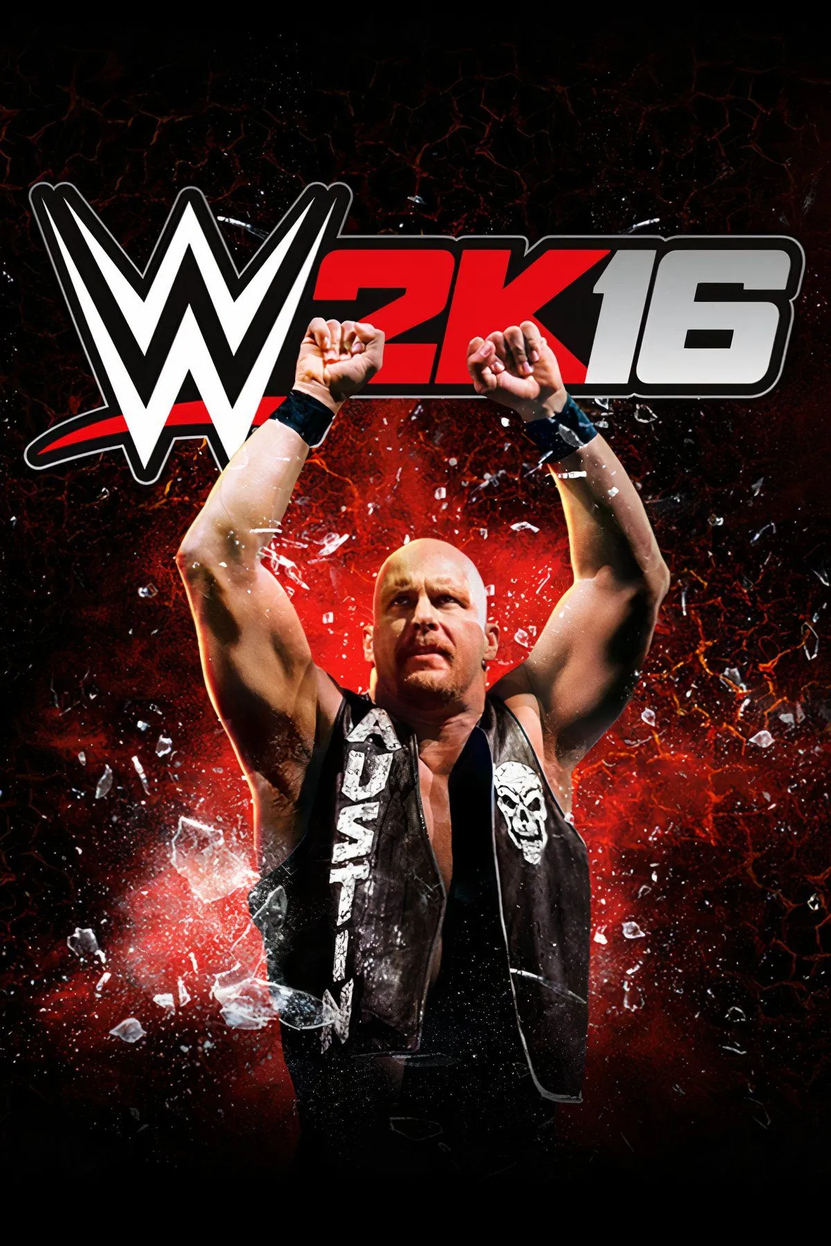 Ảnh chụp màn hình WWE 2K16, với hình ảnh Steve Austin thực hiện Stunner lên The Rock trên sàn đấu.