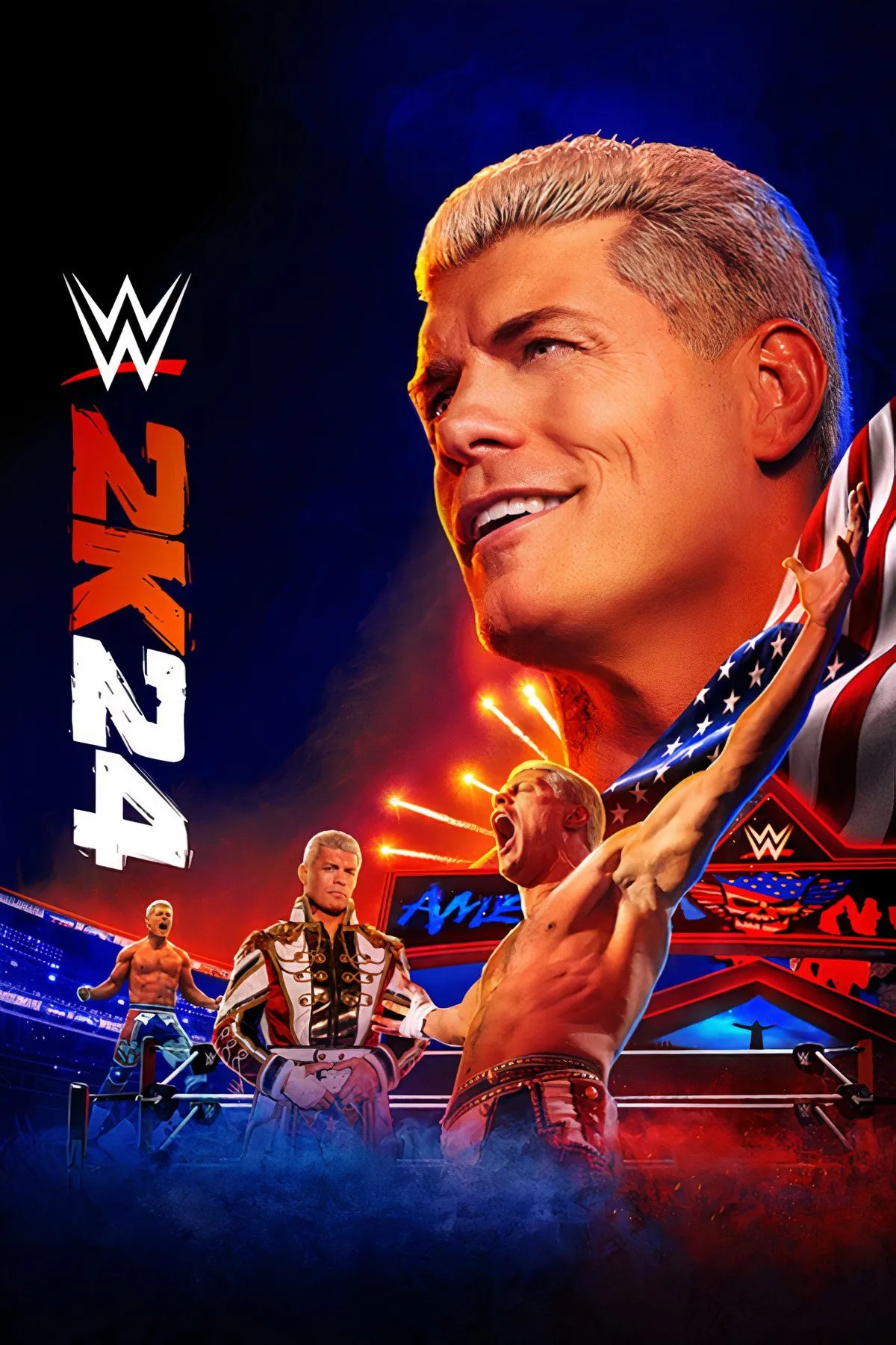 Ảnh chụp màn hình WWE 2K24, hiển thị một trận đấu giữa hai đô vật trên sàn đấu.