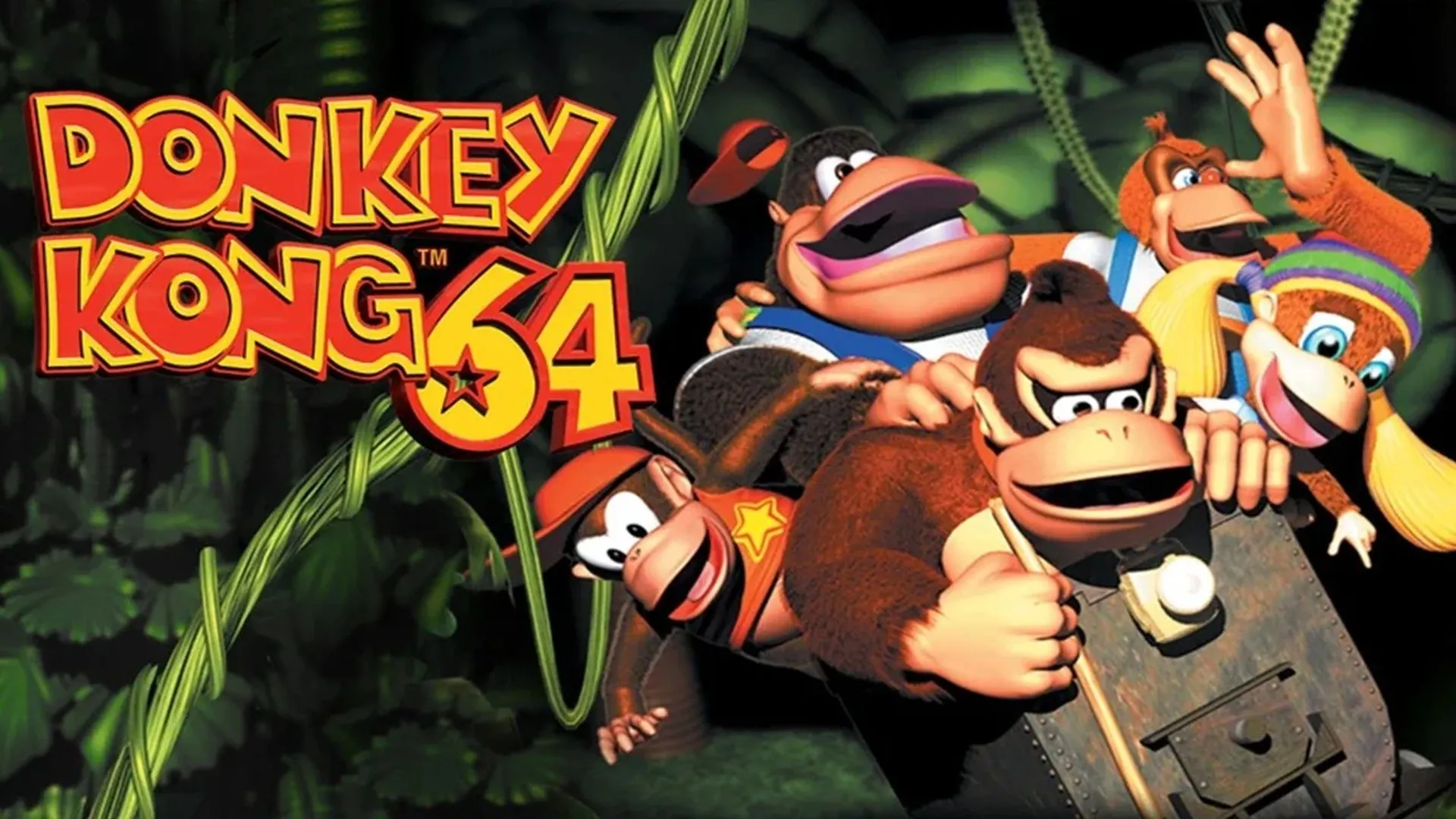 Ảnh quảng bá Donkey Kong 64 trên Nintendo 64, với Donkey Kong và các nhân vật khác như Diddy Kong, Lanky Kong, Tiny Kong, Chunky Kong