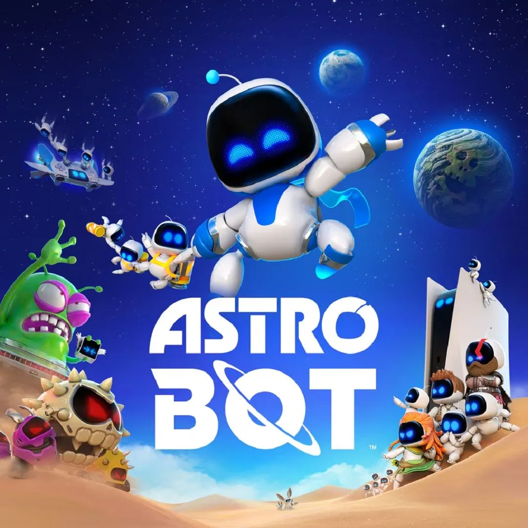Astro Bot nhảy múa trong một thế giới đầy màu sắc và chi tiết, thể hiện sự vui nhộn và khả năng tương tác độc đáo với PS5 của game.