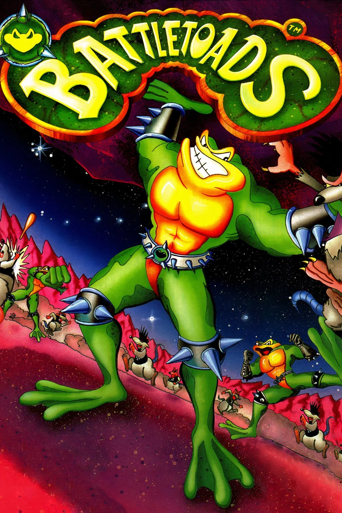 Ba chú cóc Battletoads sẵn sàng chiến đấu trong hình ảnh minh họa đầy màu sắc