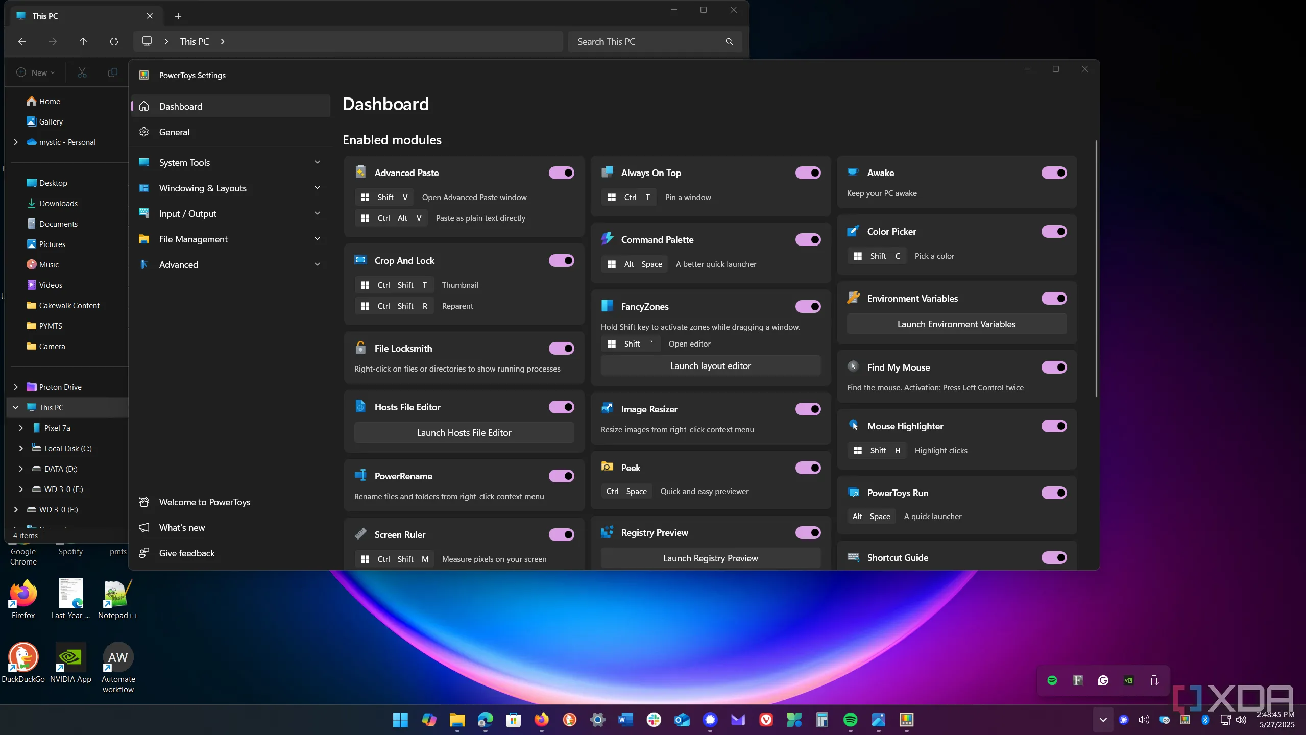 Bảng điều khiển PowerToys trên Windows 11 hiển thị các tiện ích đã bật