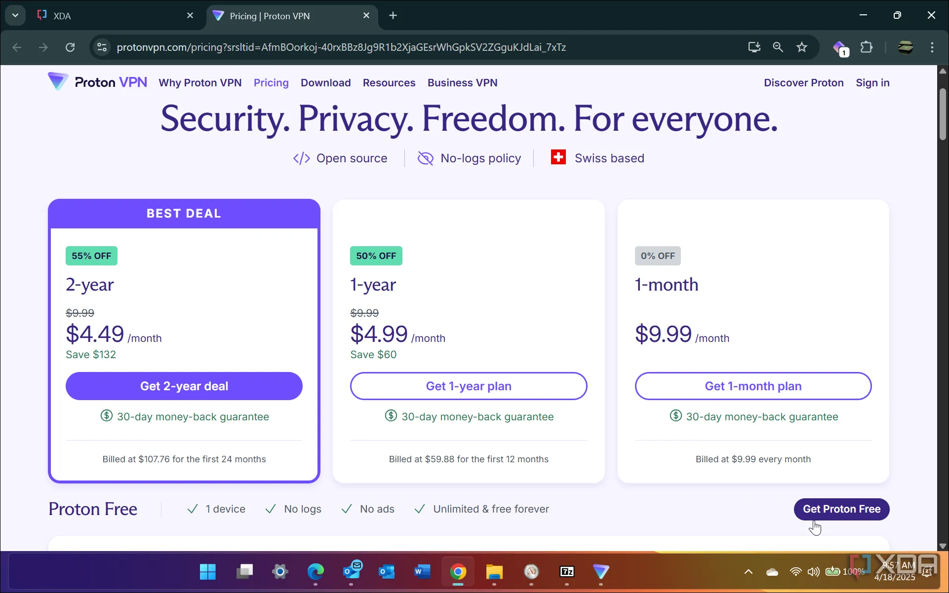 Bảng giá các gói đăng ký Proton VPN, hiển thị tùy chọn miễn phí và trả phí.