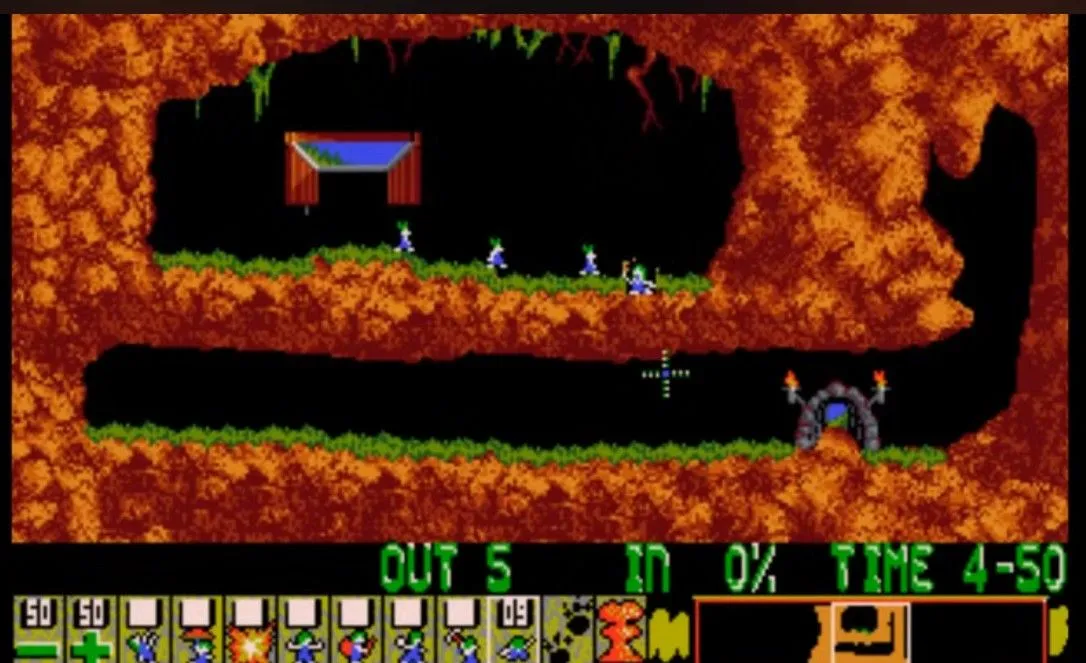 Bầy Lemmings đang được hướng dẫn đi đến cửa thoát hiểm an toàn trong game giải đố Lemmings
