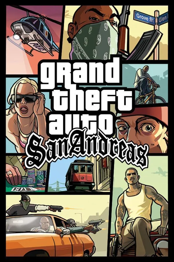 Bìa game Grand Theft Auto: San Andreas, với nhân vật chính Carl &quot;CJ&quot; Johnson cùng dàn nhân vật phụ trong bối cảnh Los Santos rộng lớn.
