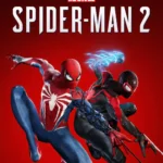 Bìa game Marvel's Spider-Man 2 với hình ảnh Peter Parker và Miles Morales đang đu dây trong thành phố