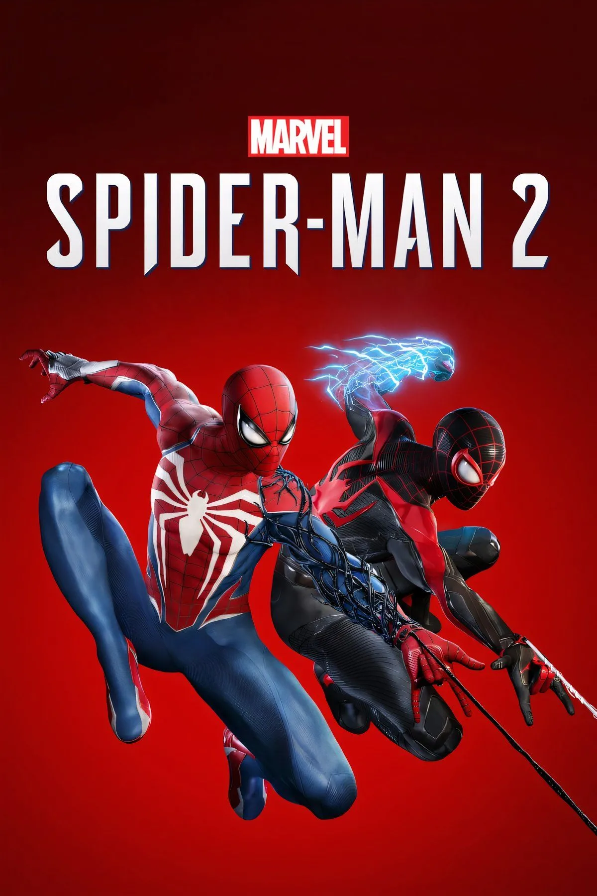 Bìa game Marvel's Spider-Man 2 với hình ảnh Peter Parker và Miles Morales đang đu dây trong thành phố