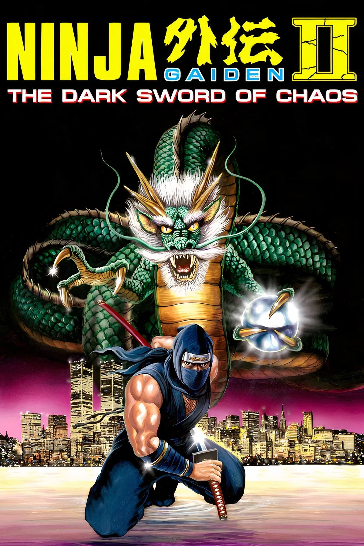Bìa game Ninja Gaiden II: The Dark Sword of Chaos, một game platformer hành động đầy thử thách trên NES, với ninja Ryu Hayabusa.