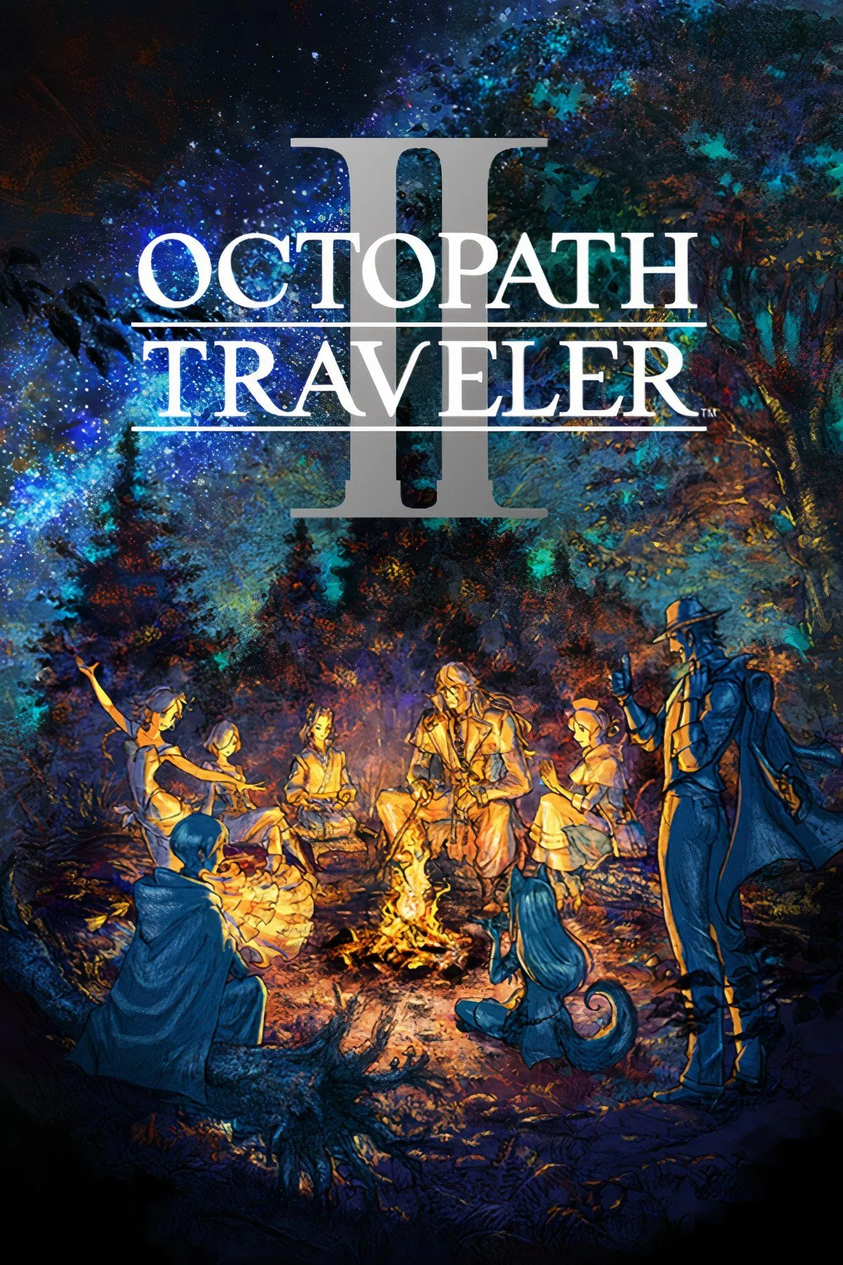 Bìa game Octopath Traveler 2 với tám nhân vật chính được vẽ theo phong cách HD-2D, thể hiện sự đa dạng trong cuộc phiêu lưu JRPG