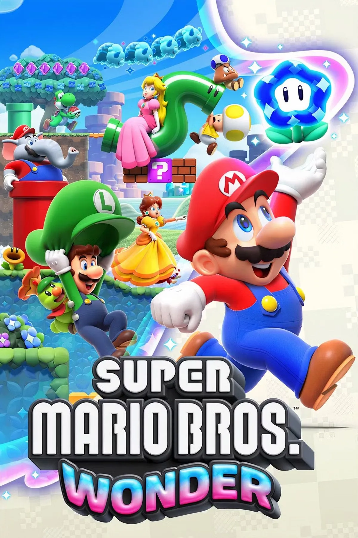 Bìa game Super Mario Bros. Wonder với Yoshi và các nhân vật khác