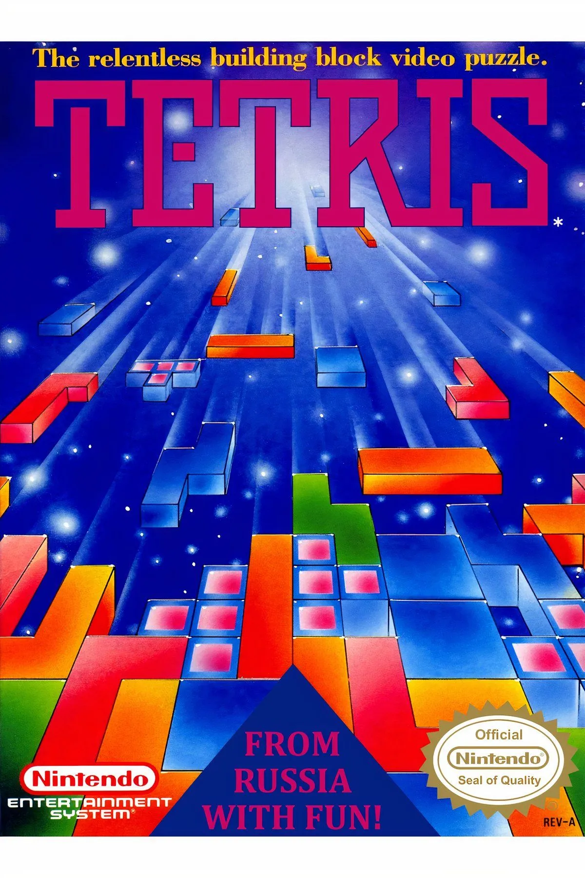 Bìa game Tetris (1989) trên NES, một trong những trò chơi bán chạy nhất mọi thời đại và là biểu tượng của game giải đố.