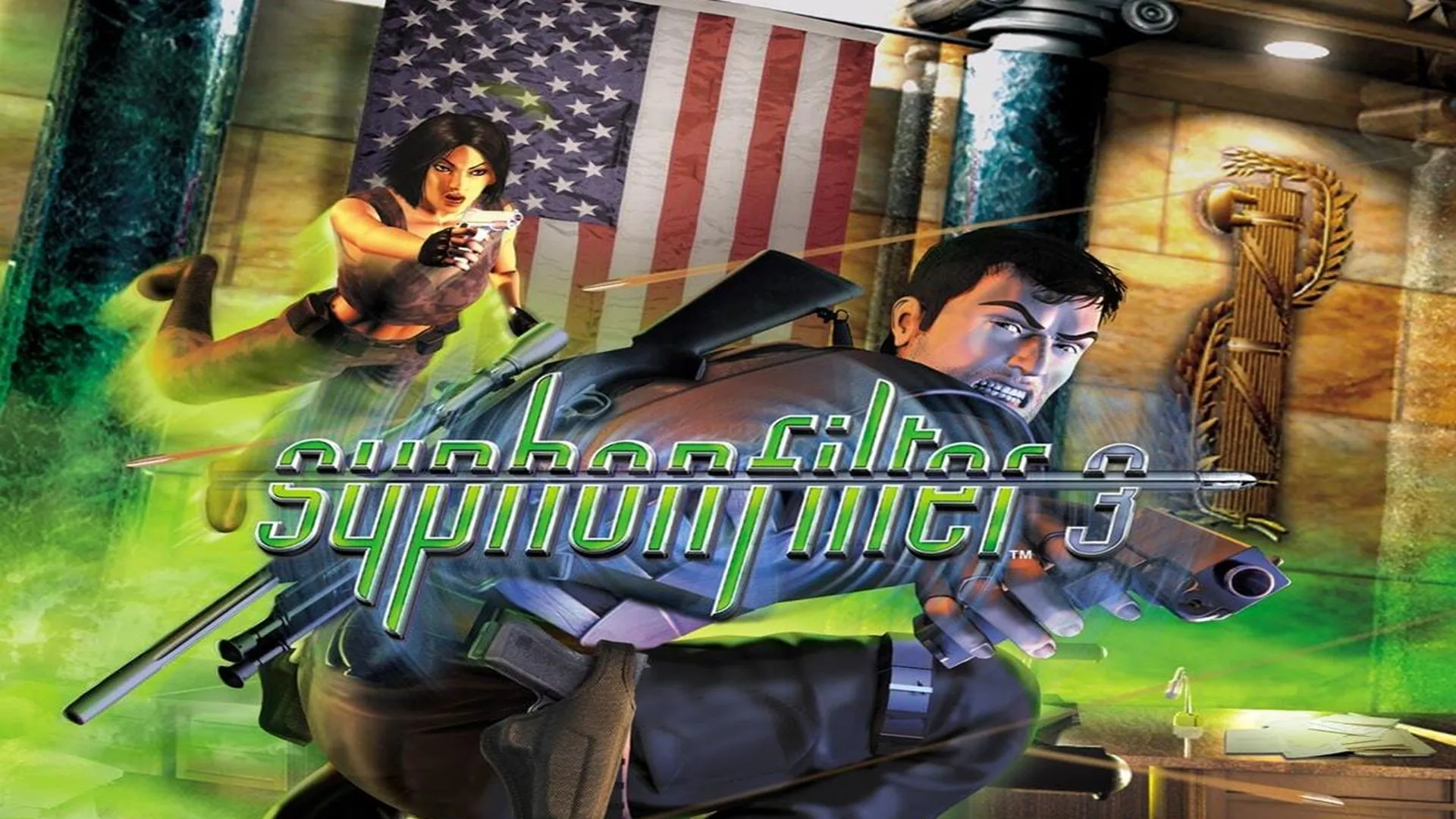 Bìa hộp đĩa PlayStation 1 gốc của Syphon Filter 3, trước khi bị thay đổi sau sự kiện 11/9, với hình ảnh nhân vật chính Gabriel Logan và bối cảnh thành phố.