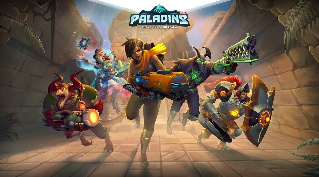 Bìa hộp game Paladins Champions of the Realm với các nhân vật đặc trưng