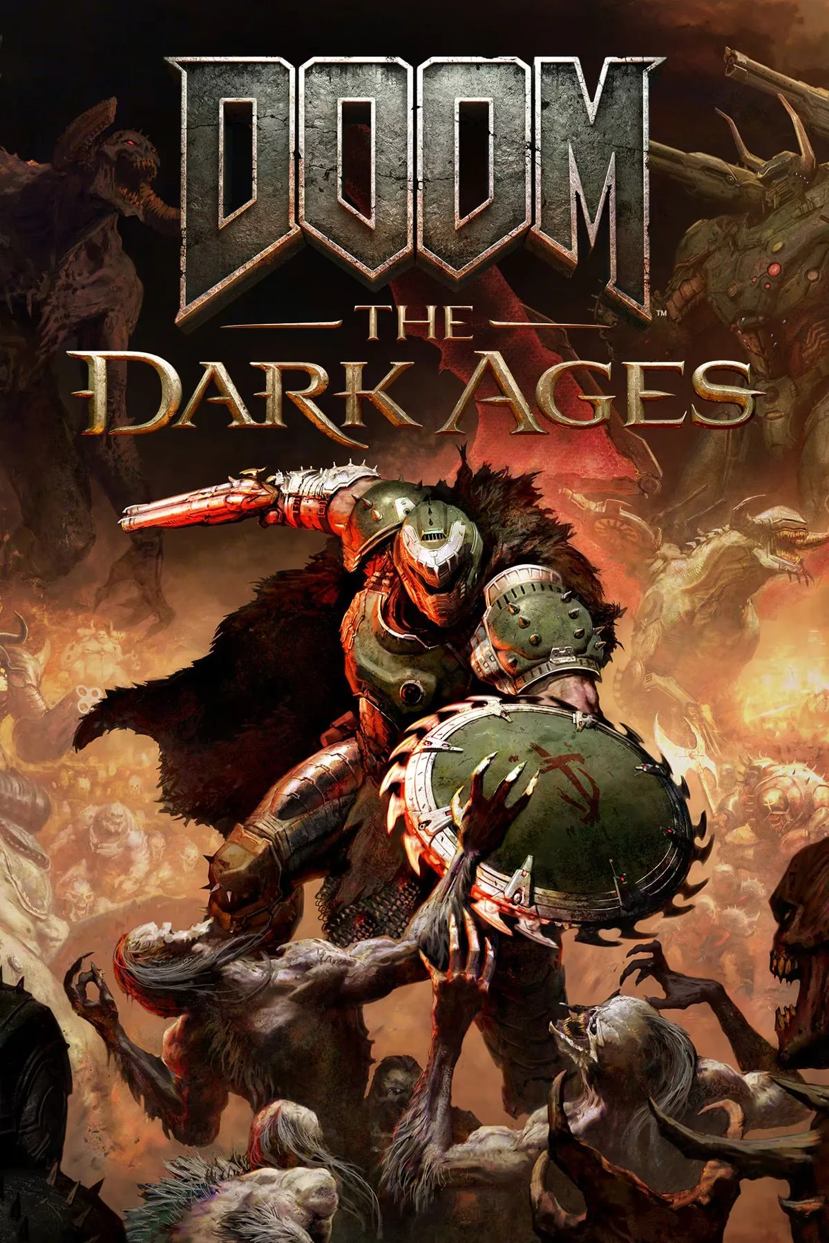 Bìa nghệ thuật của Doom: The Dark Ages với Doom Slayer trong bộ giáp cổ điển, nhấn mạnh phong cách đồ họa u tối và bối cảnh trung cổ đầy tàn khốc.