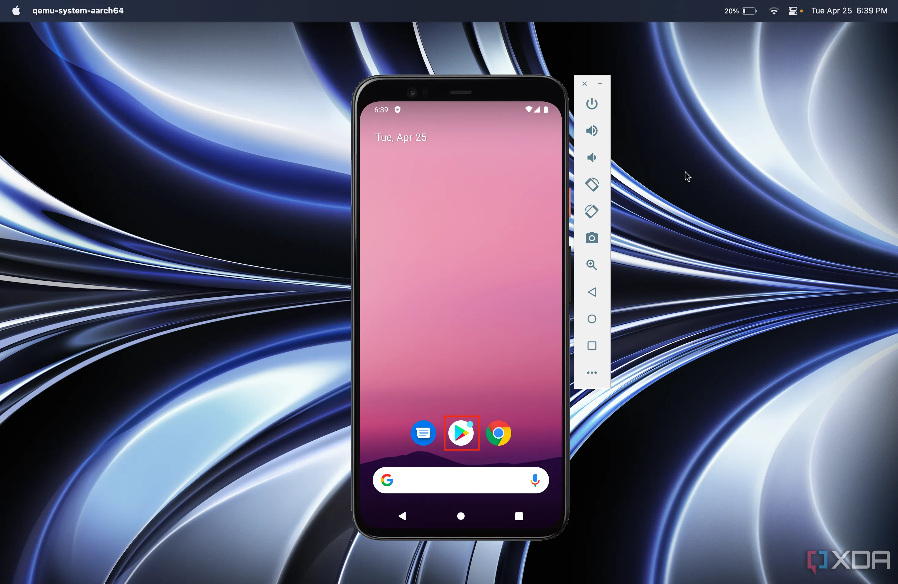 Biểu tượng Google Play Store trên thiết bị Android ảo Pixel 4 chạy Android 12