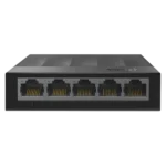 Bộ chia mạng TP-Link Litewave 5 cổng Gigabit Ethernet màu trắng trên nền xanh, hiển thị các cổng kết nối và logo TP-Link.