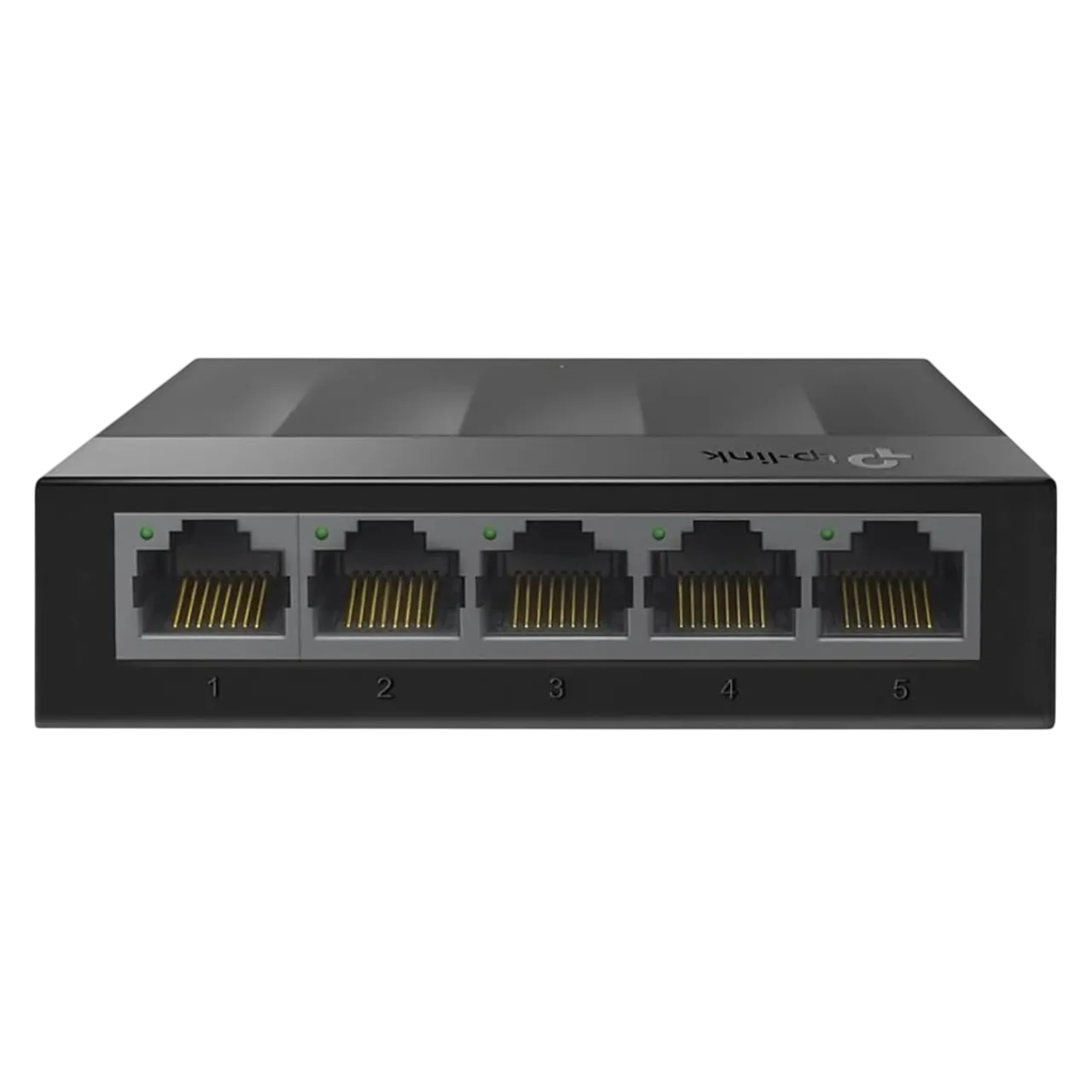 Bộ chia mạng TP-Link Litewave 5 cổng Gigabit Ethernet màu trắng trên nền xanh, hiển thị các cổng kết nối và logo TP-Link.