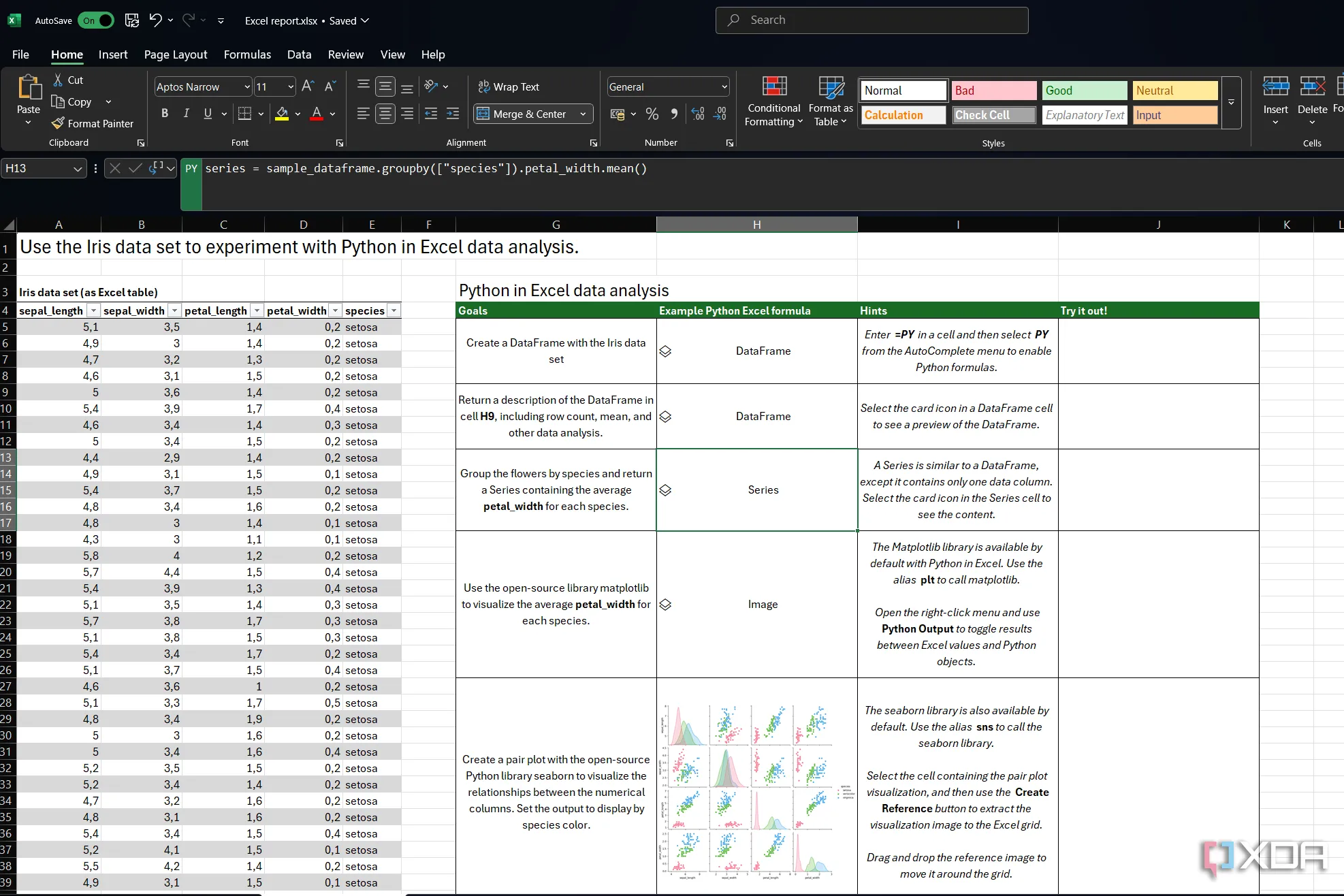 Bộ dữ liệu Iris mẫu hiển thị trong Excel, được sử dụng để học và thực hành các hàm Python trong môi trường bảng tính.