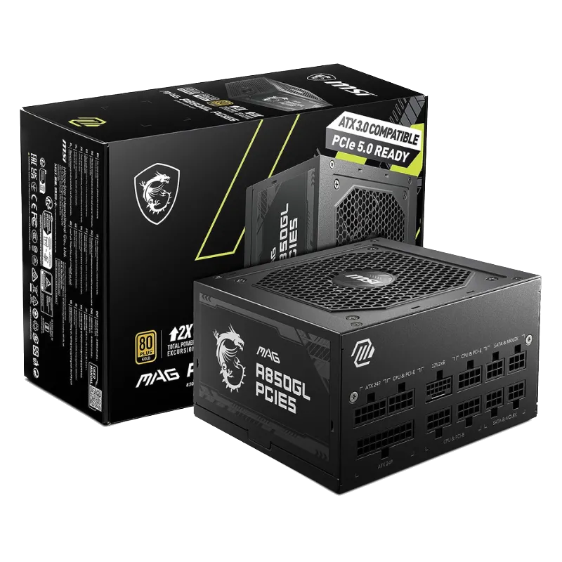 Bộ nguồn MSI MAG A850GL ATX 3.0 với công suất 850W, nhấn mạnh tầm quan trọng của PSU chất lượng cao trong build PC.