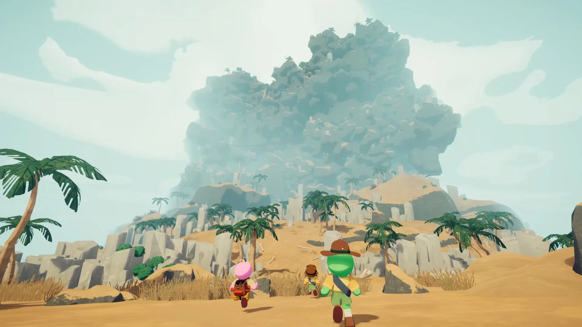 Bốn người chơi game Peak cùng nhau tiến về phía ngọn núi khổng lồ, thể hiện yếu tố hợp tác trong game co-op leo núi.