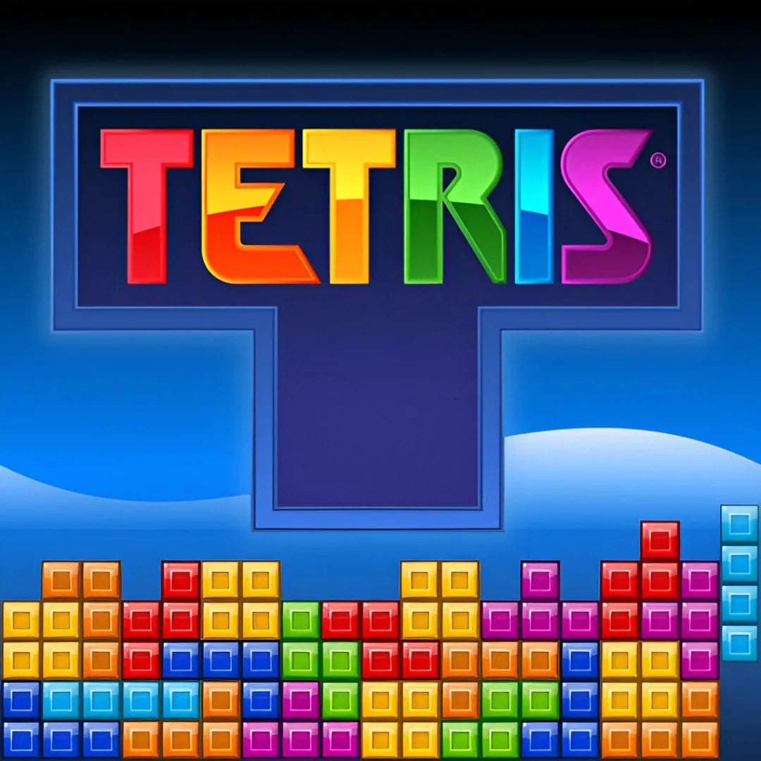 Các khối Tetromino quen thuộc và logo của Tetris, tựa game xếp hình kinh điển được phát triển bởi Alexey Pajitnov.