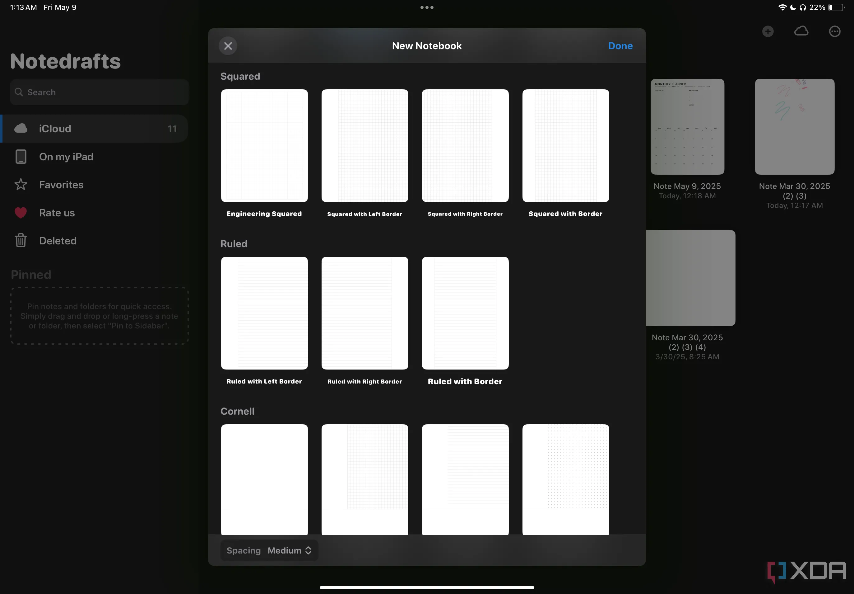 Các loại mẫu ghi chú kẻ ô, dòng kẻ và Cornell trong Notedrafts