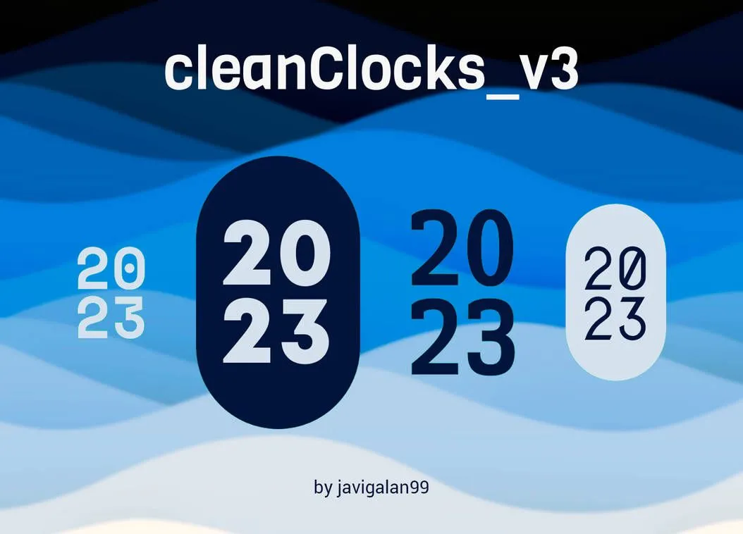 Các mẫu đồng hồ CleanClocks V3 cho Rainmeter trên nền xanh sóng lượn, thể hiện thiết kế tối giản