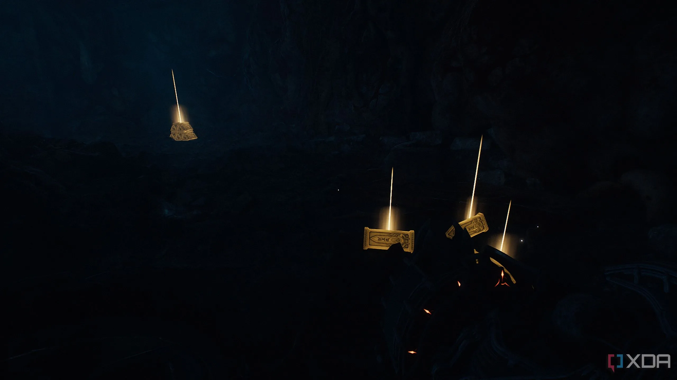 Các thanh vàng nằm rải rác trên sàn ở góc phòng trong Doom: The Dark Ages.